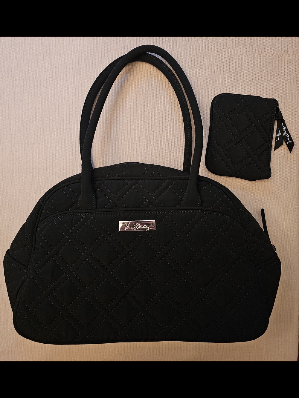 EUC Vera Bradley Quilted Bowler Satchel Black Shoulder Bag with Small Pouch